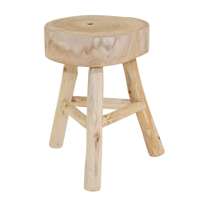 16  H Wooden Stool with Live-Edge Round Top and Triangle Footrest Base, Natural Finish Perfect for Extra
