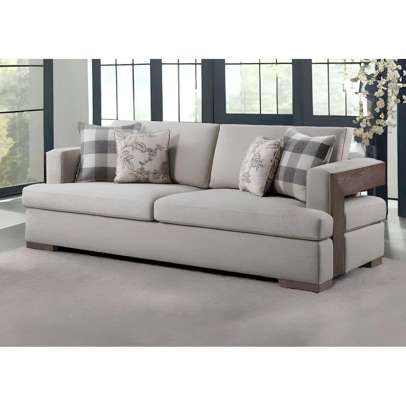 HomeRoots 92   Beige Fabric Sofa And Toss Pillows With Brown Legs - 92