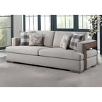 HomeRoots 92   Beige Fabric Sofa And Toss Pillows With Brown Legs - 92