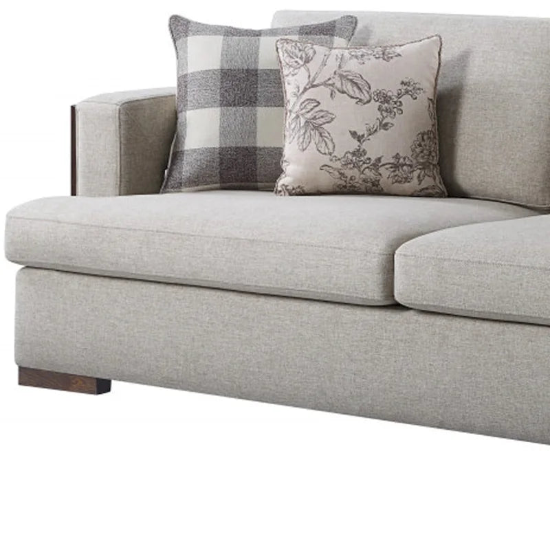 HomeRoots 92   Beige Fabric Sofa And Toss Pillows With Brown Legs - 92