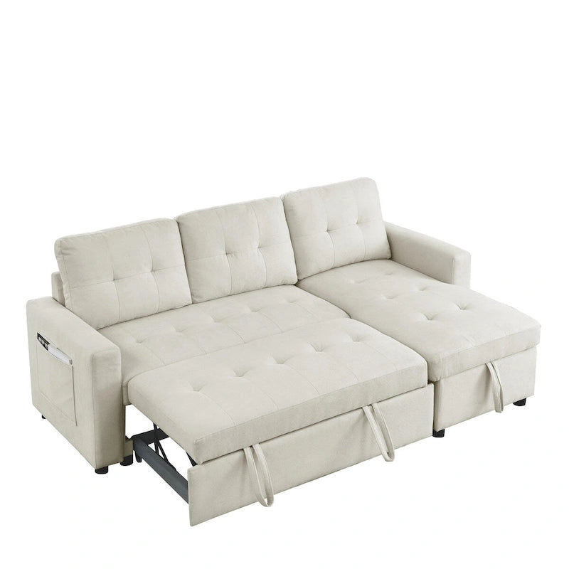 78.5-inch Beige Reversible Sleeper Sectional Sofa with Storage Chaise and Side Storage Bag - 78.5  W x 49  D x 31  H
