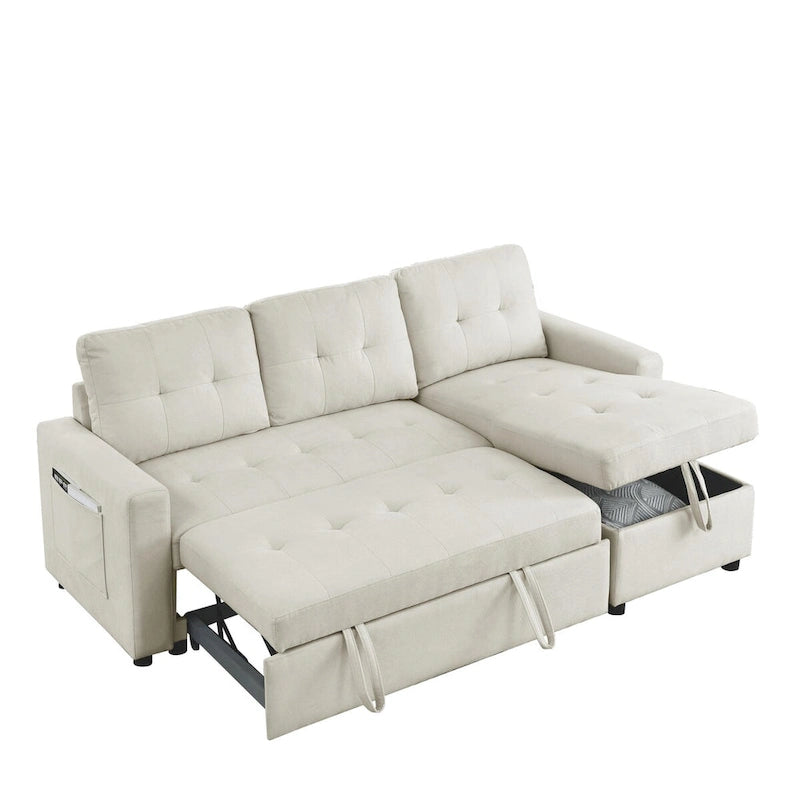 78.5-inch Beige Reversible Sleeper Sectional Sofa with Storage Chaise and Side Storage Bag - 78.5  W x 49  D x 31  H