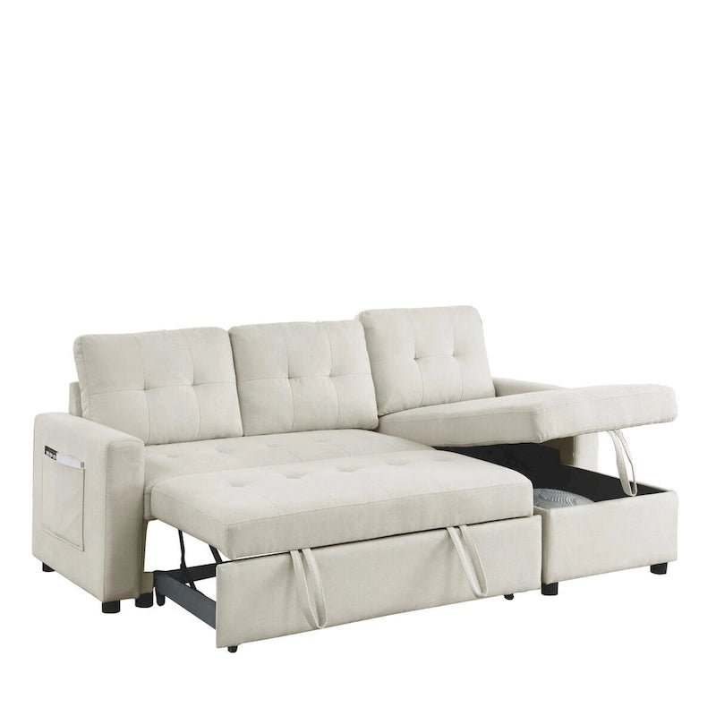78.5-inch Beige Reversible Sleeper Sectional Sofa with Storage Chaise and Side Storage Bag - 78.5  W x 49  D x 31  H