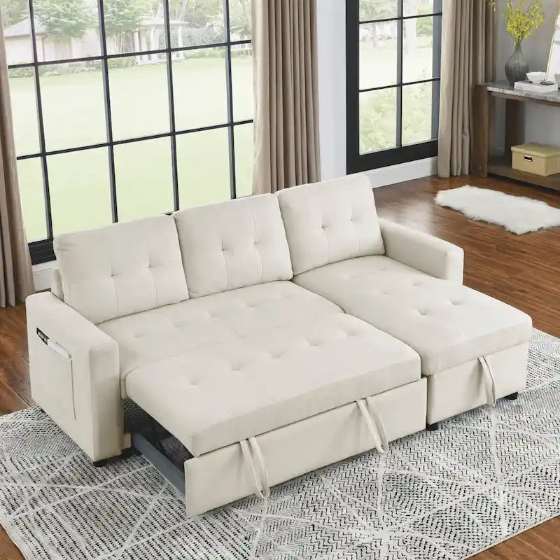 78.5-inch Beige Reversible Sleeper Sectional Sofa with Storage Chaise and Side Storage Bag - 78.5  W x 49  D x 31  H
