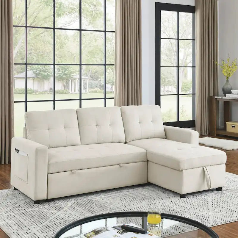 78.5-inch Beige Reversible Sleeper Sectional Sofa with Storage Chaise and Side Storage Bag - 78.5  W x 49  D x 31  H