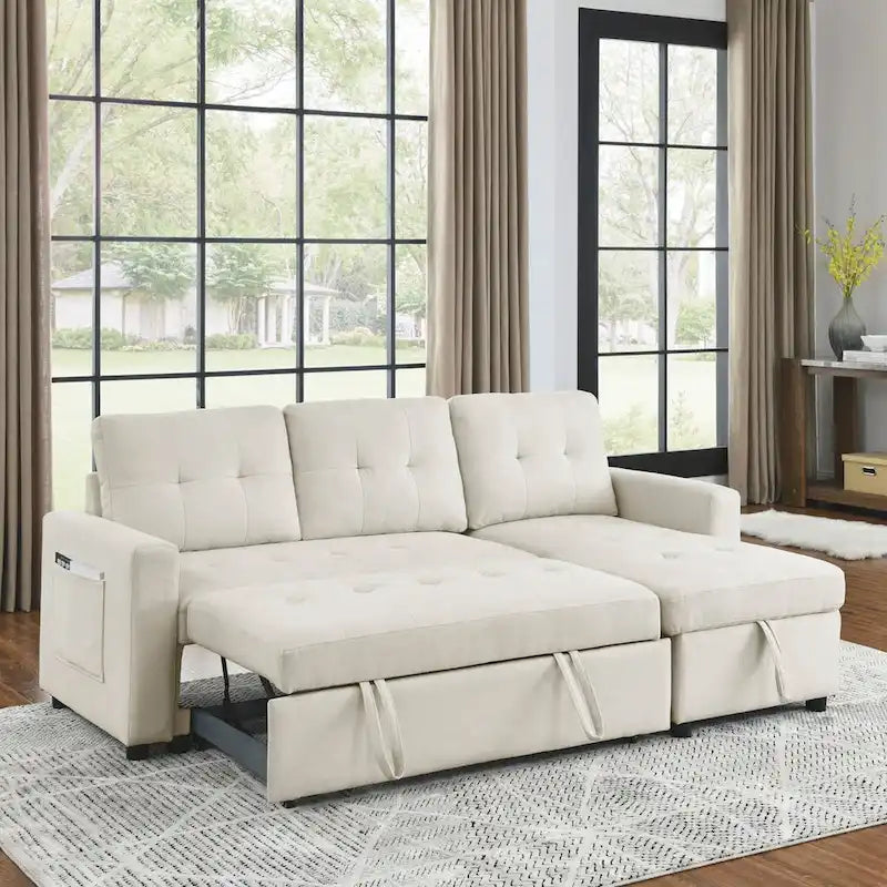 78.5-inch Beige Reversible Sleeper Sectional Sofa with Storage Chaise and Side Storage Bag - 78.5  W x 49  D x 31  H