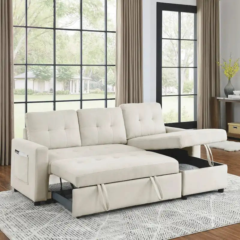 78.5-inch Beige Reversible Sleeper Sectional Sofa with Storage Chaise and Side Storage Bag - 78.5  W x 49  D x 31  H