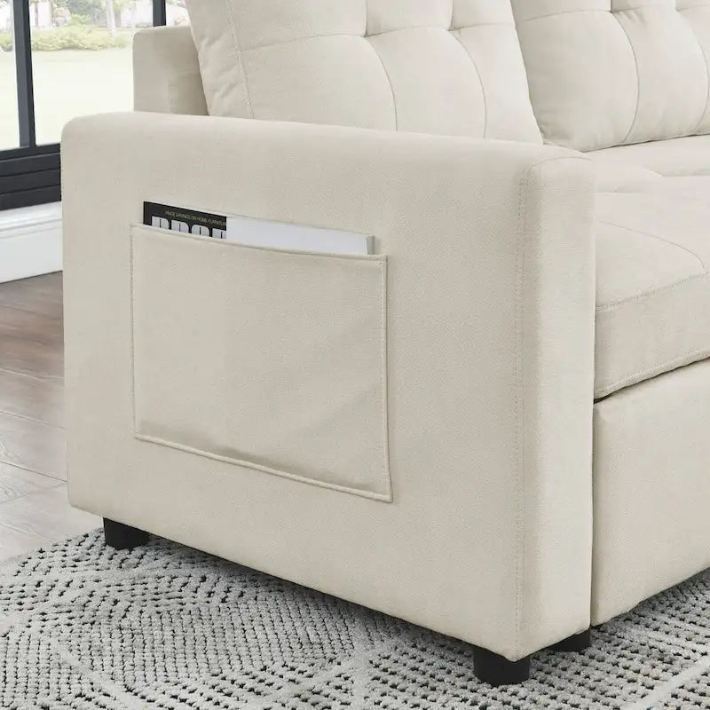 78.5-inch Beige Reversible Sleeper Sectional Sofa with Storage Chaise and Side Storage Bag - 78.5  W x 49  D x 31  H