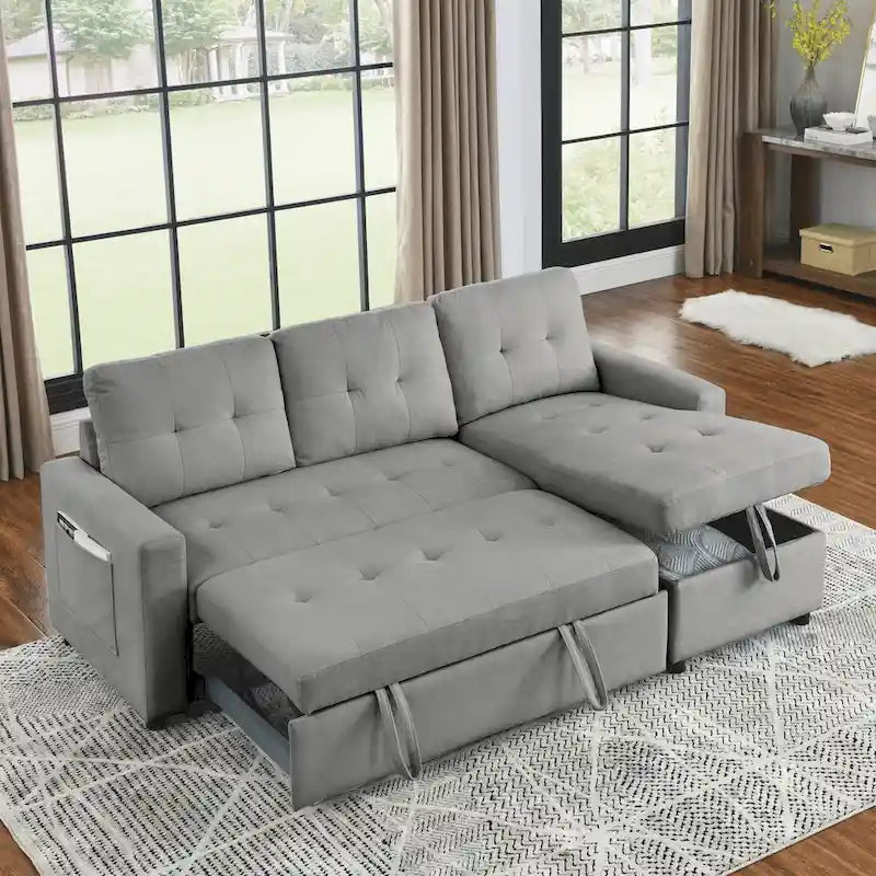 78.5-inch Beige Reversible Sleeper Sectional Sofa with Storage Chaise and Side Storage Bag - 78.5  W x 49  D x 31  H