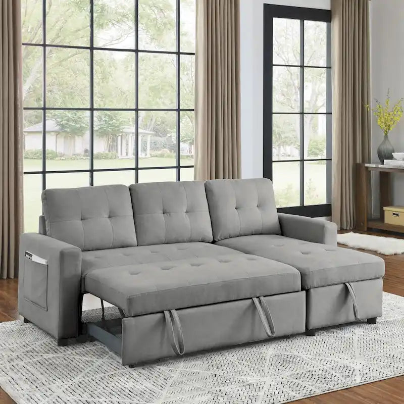 78.5-inch Beige Reversible Sleeper Sectional Sofa with Storage Chaise and Side Storage Bag - 78.5  W x 49  D x 31  H