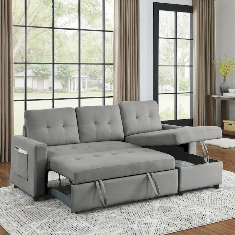 78.5-inch Beige Reversible Sleeper Sectional Sofa with Storage Chaise and Side Storage Bag - 78.5  W x 49  D x 31  H
