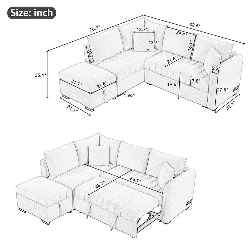 MERAX L-shaped Sectional Pull Out Sleeper Sofa with Storage Ottoman