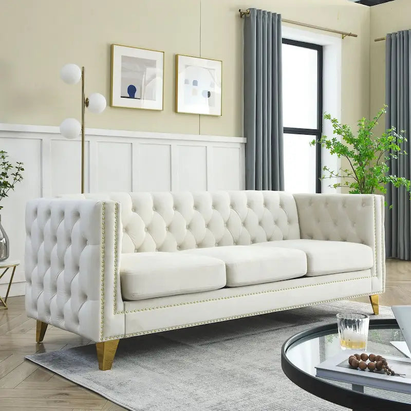 Modern Velvet Sofa Couch Upholstered Button and Metal Legs