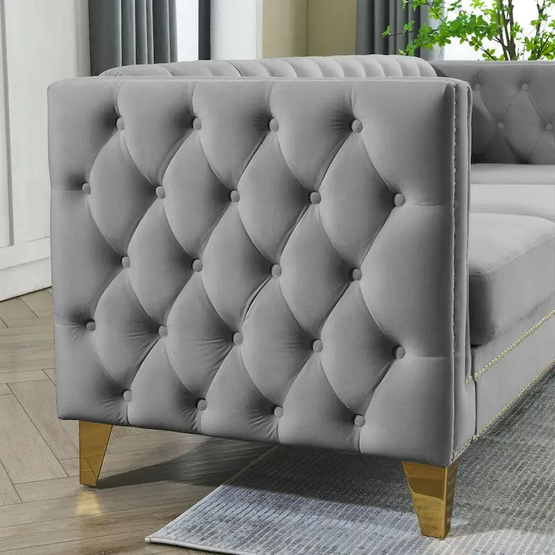 Modern Velvet Sofa Couch Upholstered Button and Metal Legs