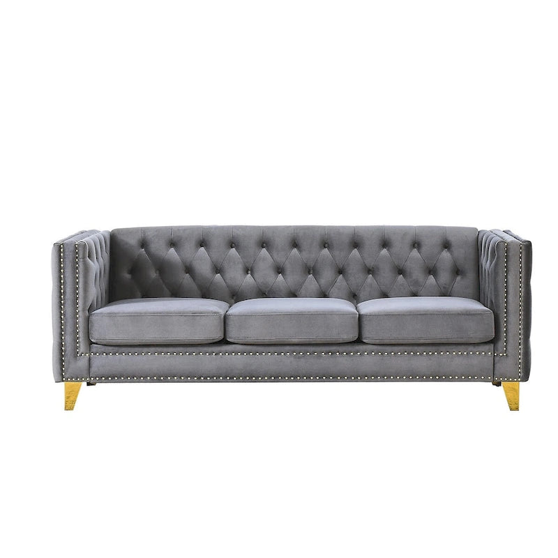 Modern Velvet Sofa Couch Upholstered Button and Metal Legs