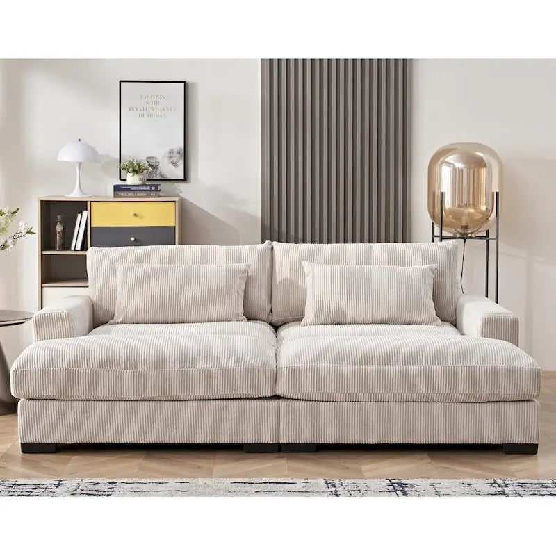 Luxe Sleeper Sofa with Soft Corduroy Upholstery Double Chaise Design Convertible to Twin Size Bed Extra Large