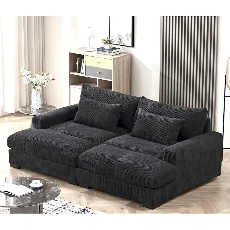 Luxe Sleeper Sofa with Soft Corduroy Upholstery Double Chaise Design Convertible to Twin Size Bed Extra Large