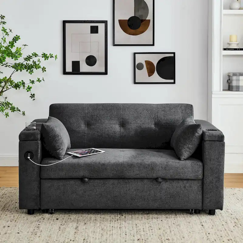 2-Seat Sleeper Sofa Bed with USB Power Outlet, Side Pockets and Lumbar Pillow