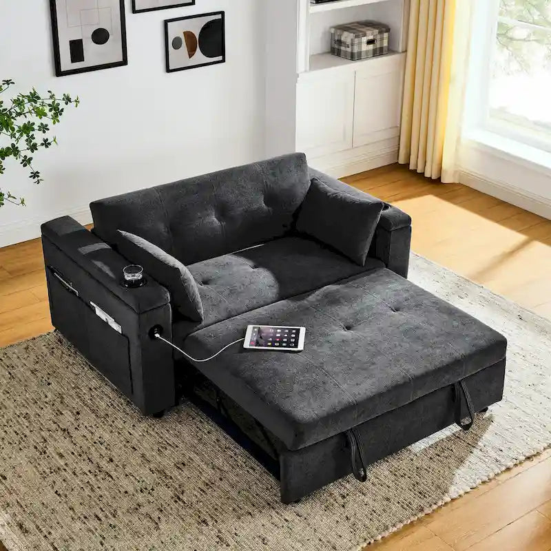 2-Seat Sleeper Sofa Bed with USB Power Outlet, Side Pockets and Lumbar Pillow