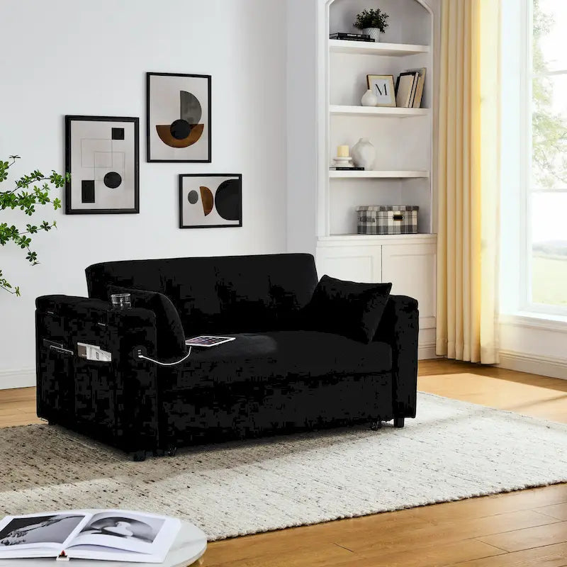 2-Seat Sleeper Sofa Bed with USB Power Outlet, Side Pockets and Lumbar Pillow