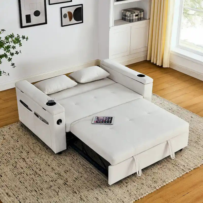 2-Seat Sleeper Sofa Bed with USB Power Outlet, Side Pockets and Lumbar Pillow