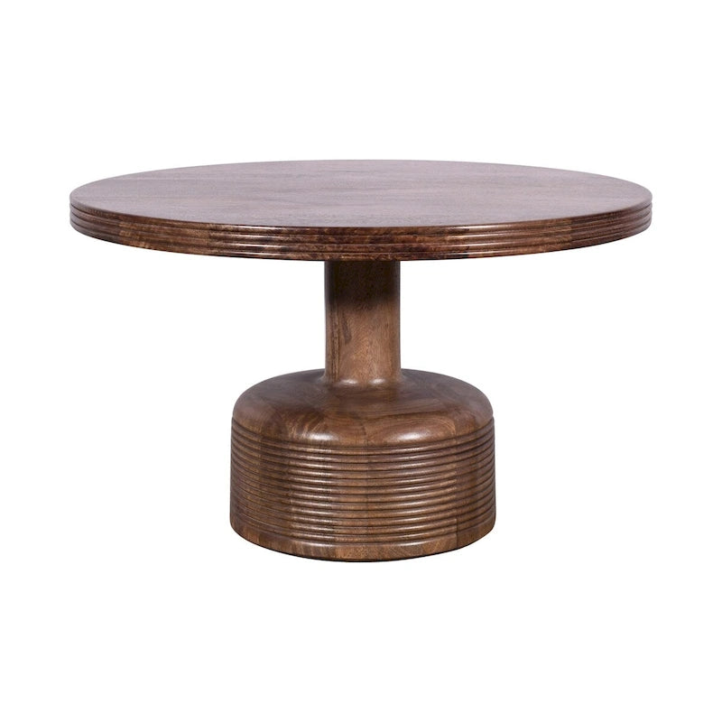 Rise 30 Inch Coffee Table, Round Top and Pedestal Base, Natural Brown Wood