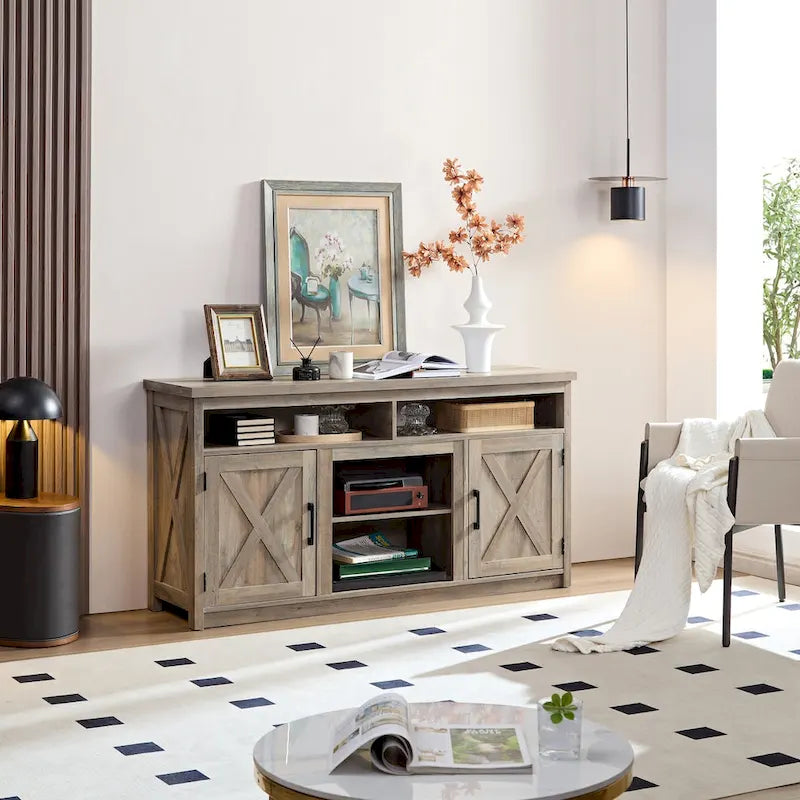 Farmhouse Barn door TV Media Stand Entertainment Console for TV Up to 65   with Open and Closed Storage Space