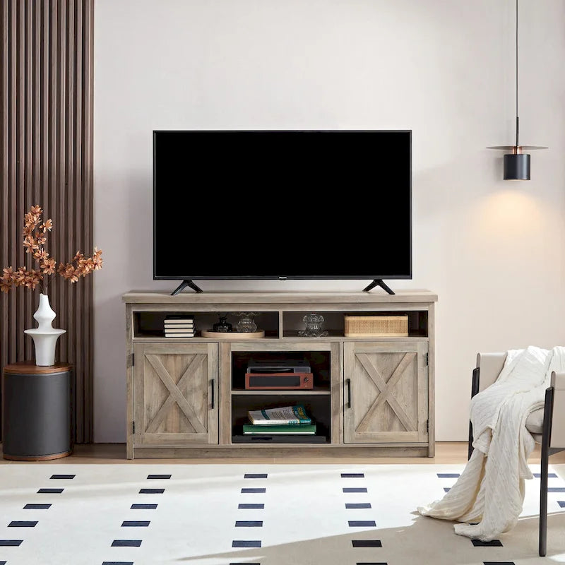 Farmhouse Barn door TV Media Stand Entertainment Console for TV Up to 65   with Open and Closed Storage Space