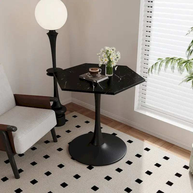 31.50   Modern Hexagonal Coffee Table with Printed Marble Top and Metal Base for Dining Room, Kitchen and Living Room