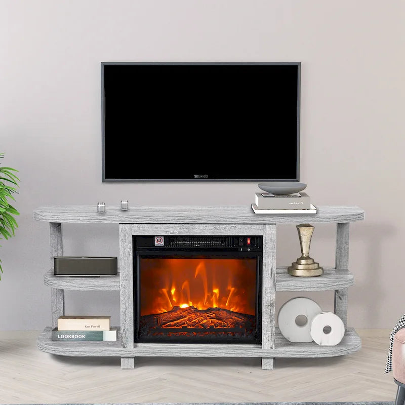 48   Light Gray Wood TV Stand with 18   Black Insert Electric Fireplace