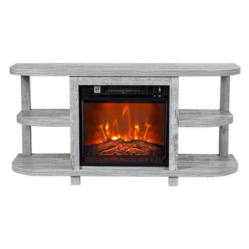 48   Light Gray Wood TV Stand with 18   Black Insert Electric Fireplace