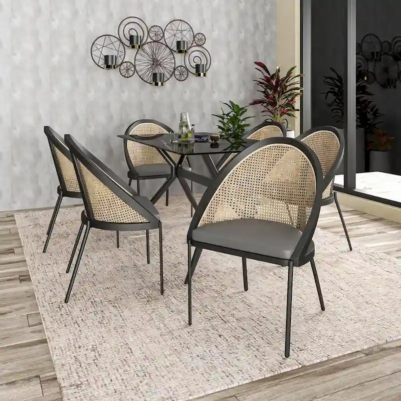 Urbane Modern Stylish Dining Chair with Leather Seat and Wicker Back for Dining Room & Kitchen
