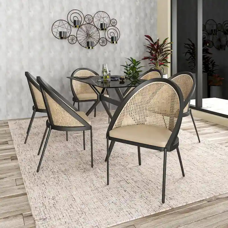 Urbane Modern Stylish Dining Chair with Leather Seat and Wicker Back for Dining Room & Kitchen