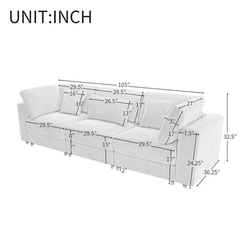 105   3 Seater Sofa with Removable Back Cushions and 5 Pillows