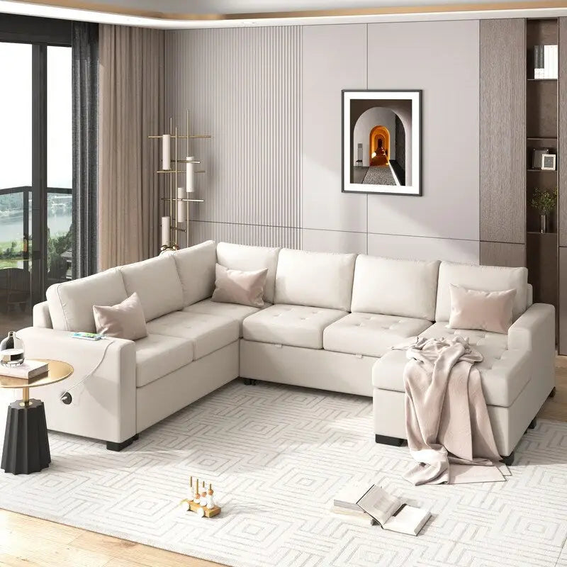 L-Shaped Corner Combination Sofa with Ottoman,USB and Type-C Interfaces