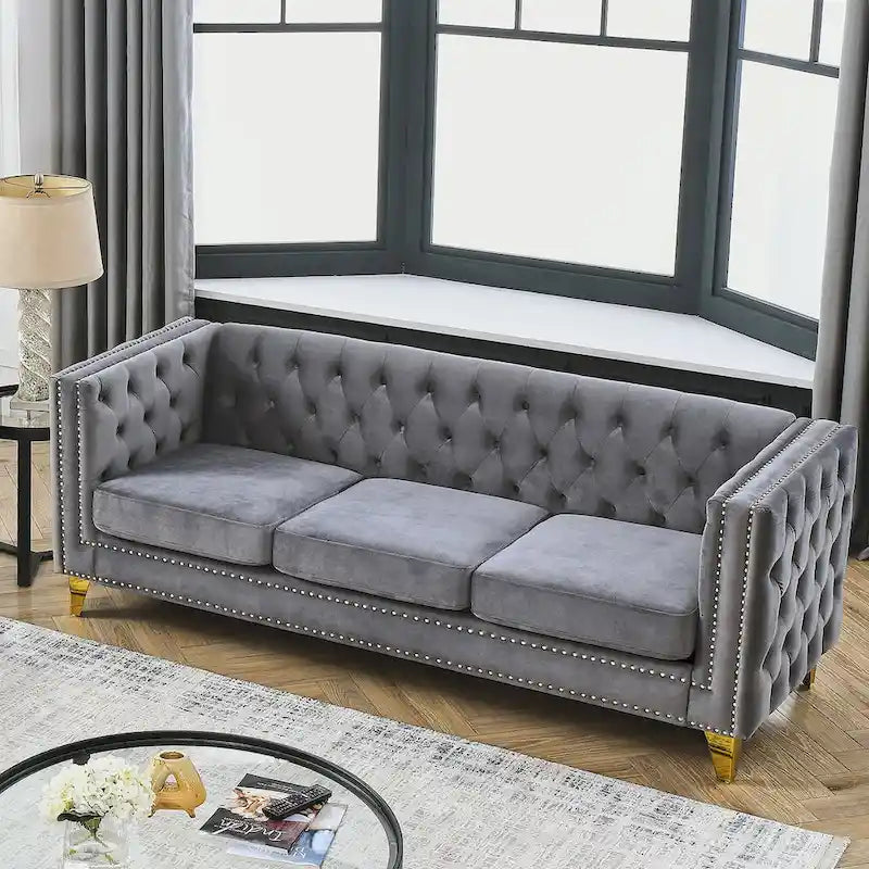 Velvet Sofa for Living Room,Buttons Tufted Square Arm Couch, Modern Couch Upholstered Button and Metal Legs