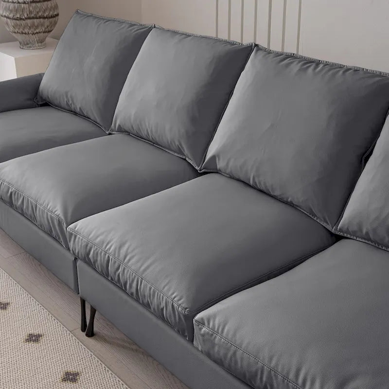 Modern 104.5   L-Shaped Sofa with Technical Leather Upholstery and Convertible Ottoman, Dark Gray