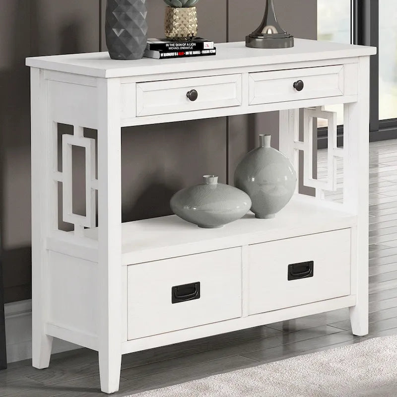 36   Farmhouse Pine Wood Console Table Entry Sofa Table with 4 Drawers & 1 Storage Shelf