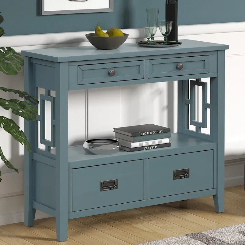 36   Farmhouse Pine Wood Console Table Entry Sofa Table with 4 Drawers & 1 Storage Shelf