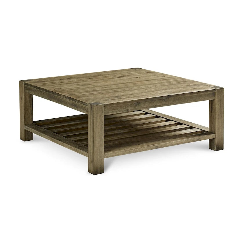 Cyon 42 Inch Square Coffee Table, Washed Gray and Brown Wood, Open Shelf