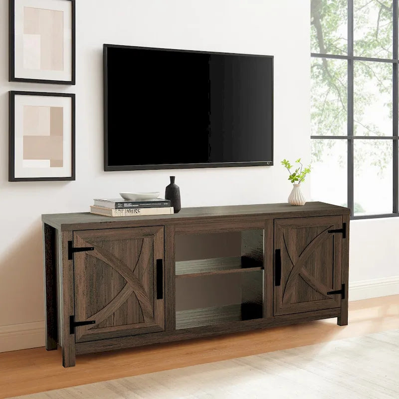 58   Rustic Walnut Barn Door Wood Console TV Stand for TV's up to 65   - 58 inches in width
