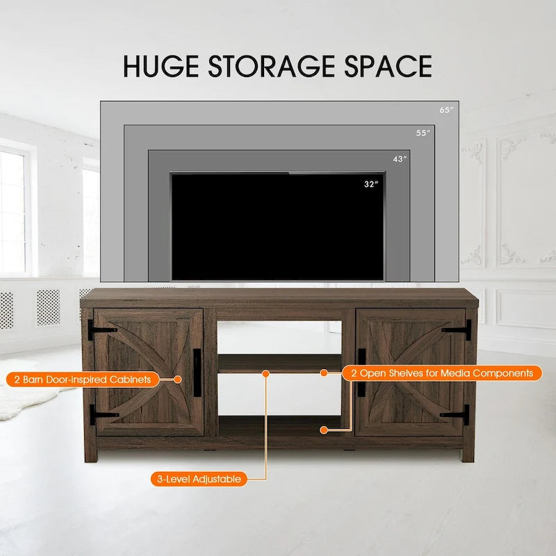 58   Rustic Walnut Barn Door Wood Console TV Stand for TV's up to 65   - 58 inches in width