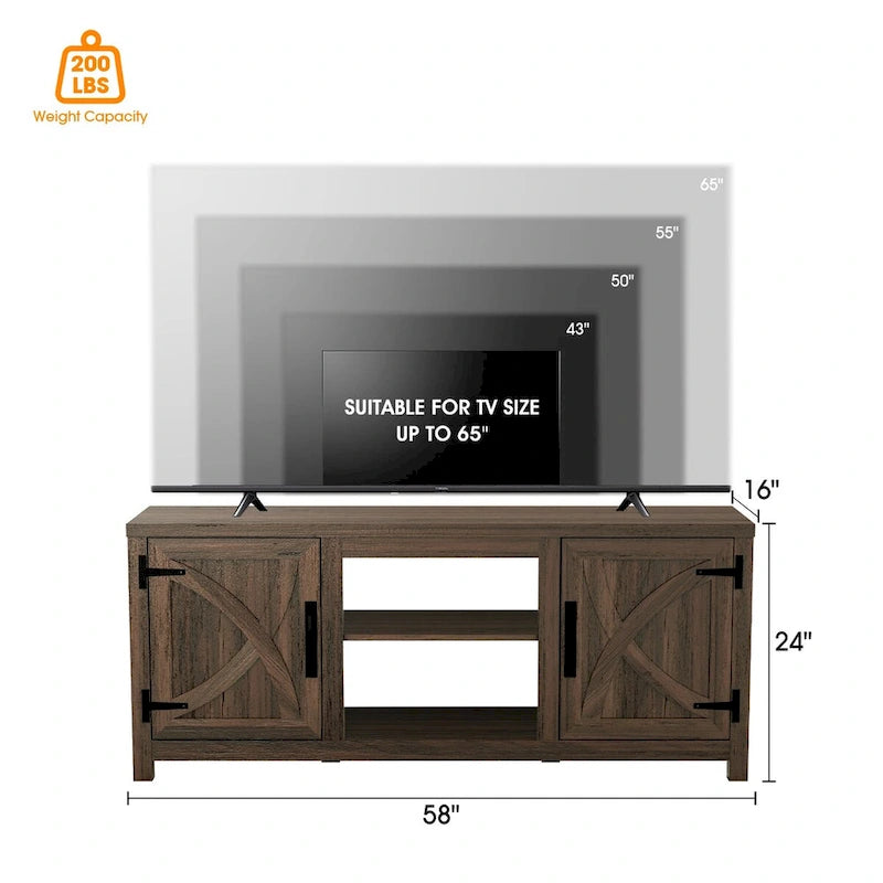 58   Rustic Walnut Barn Door Wood Console TV Stand for TV's up to 65   - 58 inches in width