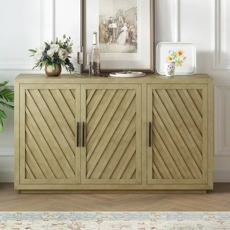 3-Door Sideboard with Adjustable Shelves and Black Handles