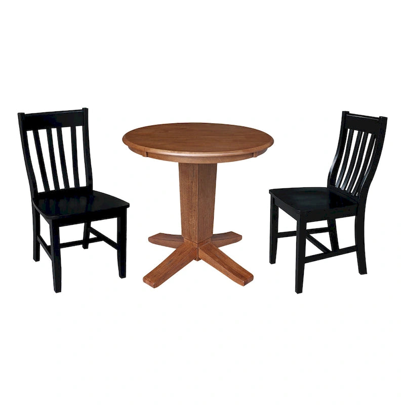30 in Round Top Pedestal Dining Table with 2 Dining Chairs in Distressed Oak/Black