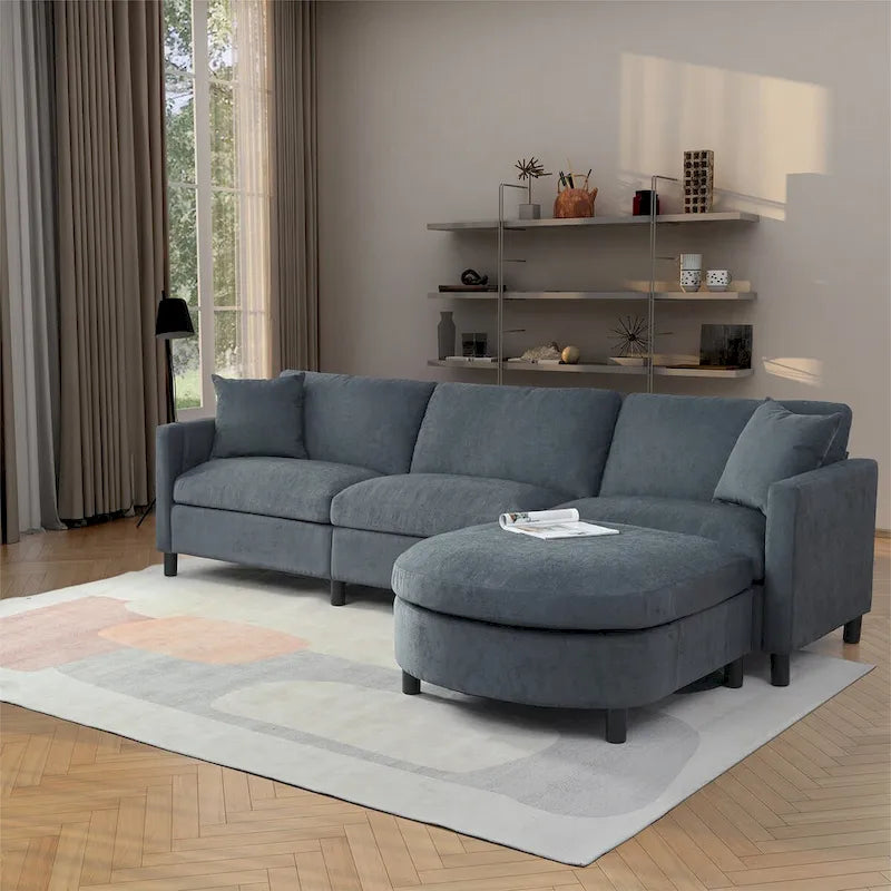 107.87   Sectional Sofa with Ottoman, Removable Cushions and Armrest Pockets,Dark Gray