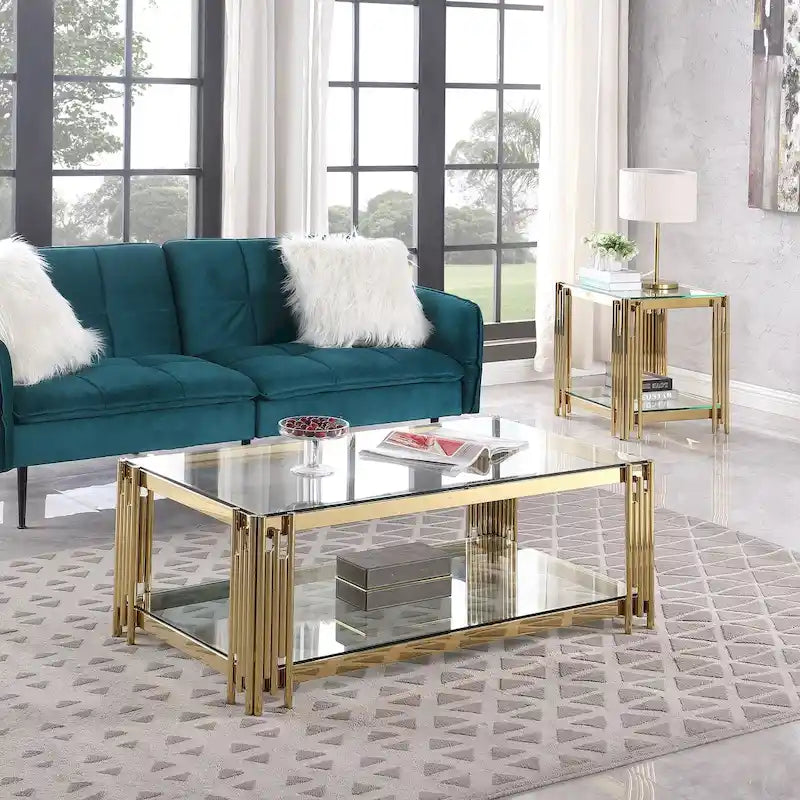 48   Wide Rectangular Coffee Table with Glass Top, Stainless Steel Double-Layer Coffee Table