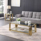 48   Wide Rectangular Coffee Table with Glass Top, Stainless Steel Double-Layer Coffee Table