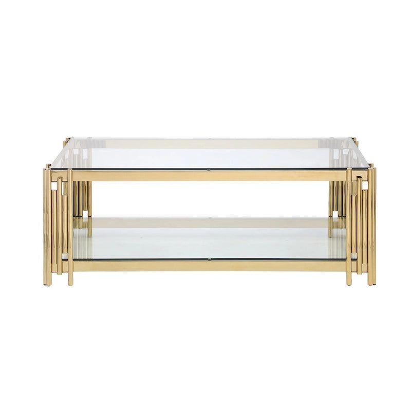 48   Wide Rectangular Coffee Table with Glass Top, Stainless Steel Double-Layer Coffee Table