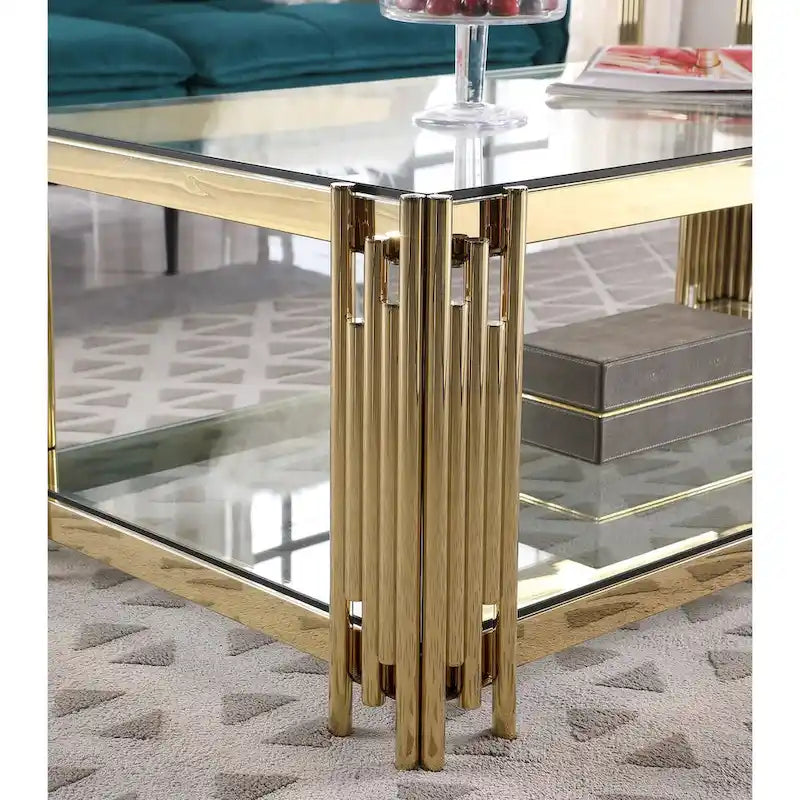 48   Wide Rectangular Coffee Table with Glass Top, Stainless Steel Double-Layer Coffee Table